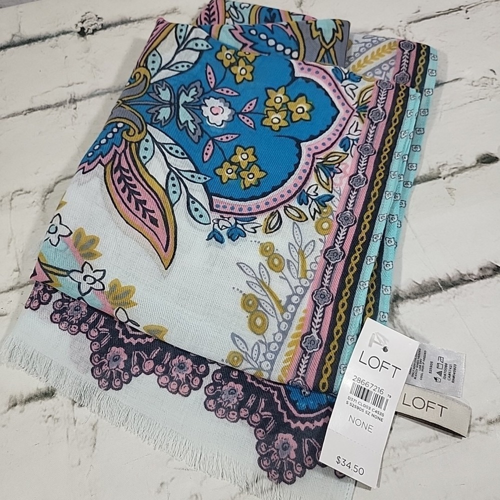 Loft Fashion Scarf Paisley Fringe Pink Blue Soft Sheer 70" X 20" NWT Flaw - Runs